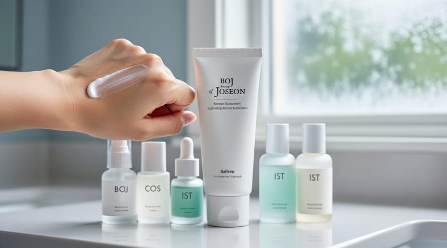 A person applying lightweight sunscreen from a tube onto the back of their hand beside Korean skincare products on a clean bathroom counter.