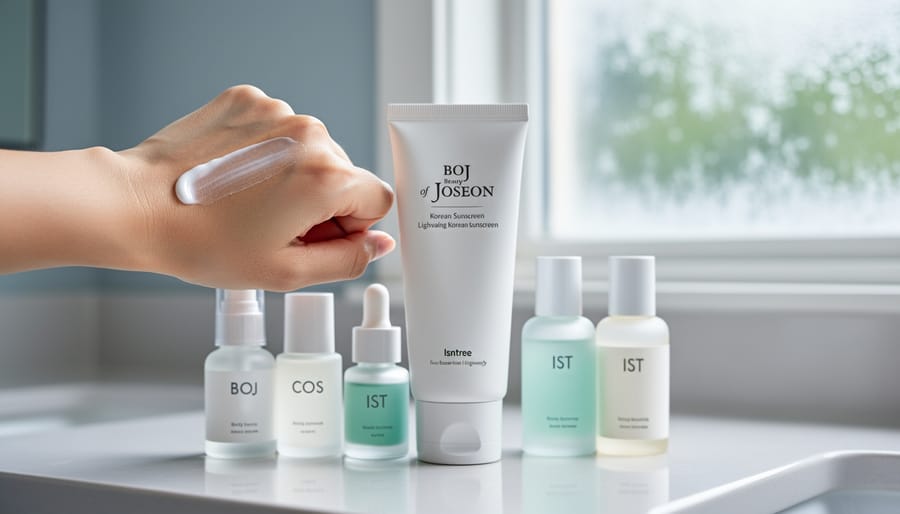 A person applying lightweight sunscreen from a tube onto the back of their hand beside Korean skincare products on a clean bathroom counter.