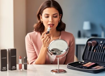 Beauty shopper applying lipstick at a modern vanity with a compact mirror and cosmetic products nearby, suggesting a premium makeup shopping experience.