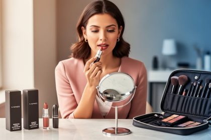 Beauty shopper applying lipstick at a modern vanity with a compact mirror and cosmetic products nearby, suggesting a premium makeup shopping experience.
