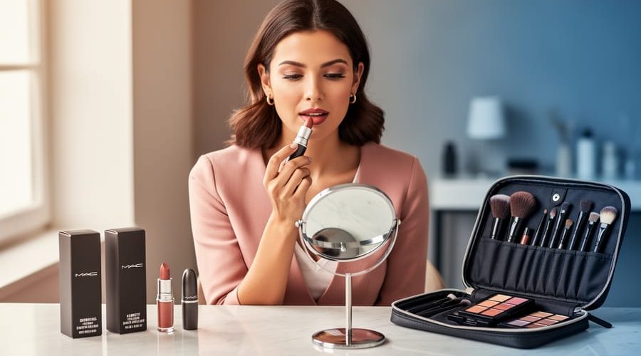 Beauty shopper applying lipstick at a modern vanity with a compact mirror and cosmetic products nearby, suggesting a premium makeup shopping experience.
