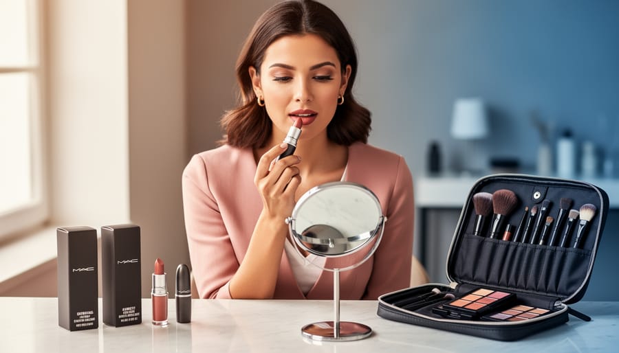 Beauty shopper applying lipstick at a modern vanity with a compact mirror and cosmetic products nearby, suggesting a premium makeup shopping experience.