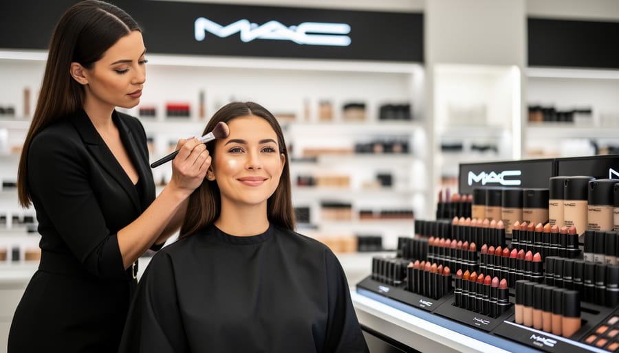 Hands applying cosmetics with a makeup brush on a client’s cheek at a clean vanity.