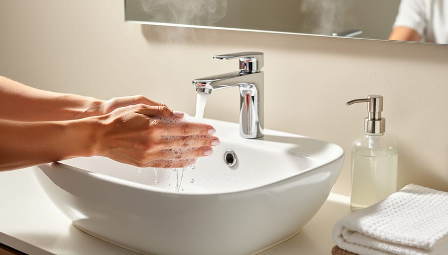Woman gently lathering cleanser on her face at a bathroom sink during a minimalist skincare routine.