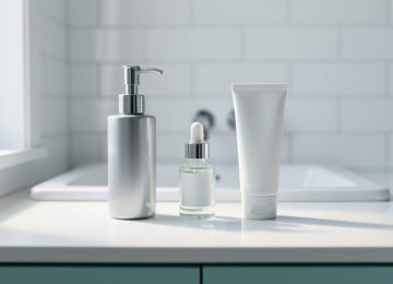Minimalist skincare routine with three unlabeled products—cleanser, serum, and moisturizer—arranged on a bright bathroom vanity.
