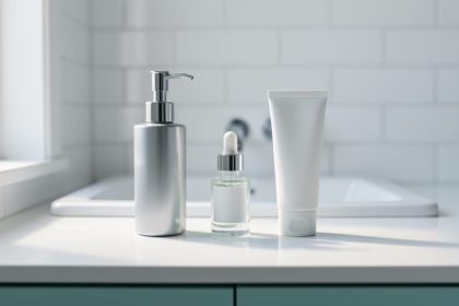 Minimalist skincare routine with three unlabeled products—cleanser, serum, and moisturizer—arranged on a bright bathroom vanity.