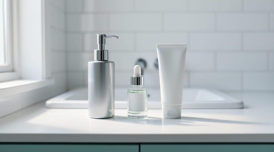 Minimalist skincare routine with three unlabeled products—cleanser, serum, and moisturizer—arranged on a bright bathroom vanity.