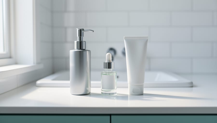 Minimalist skincare routine with three unlabeled products—cleanser, serum, and moisturizer—arranged on a bright bathroom vanity.