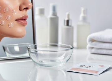 Hydrocolloid acne patches placed on a person’s cheek in a clean vanity setting with patch packaging nearby, suggesting targeted spot treatment.