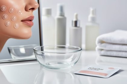 Hydrocolloid acne patches placed on a person’s cheek in a clean vanity setting with patch packaging nearby, suggesting targeted spot treatment.