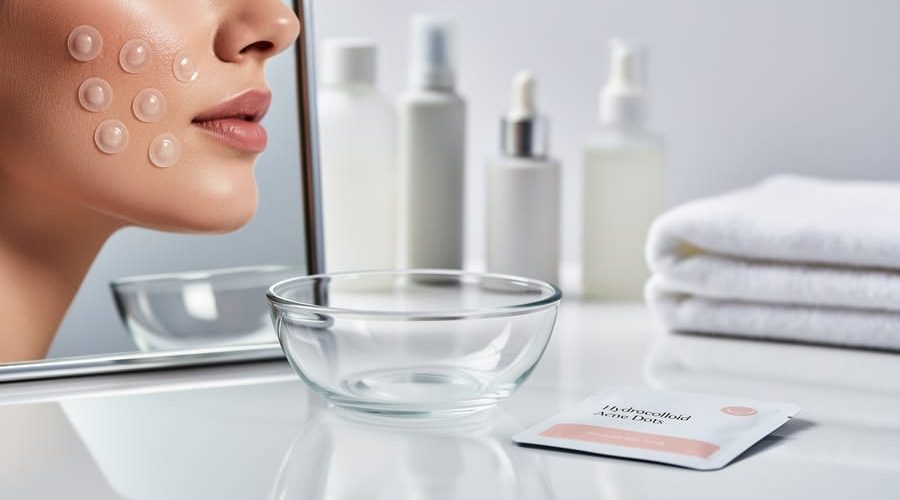 Hydrocolloid acne patches placed on a person’s cheek in a clean vanity setting with patch packaging nearby, suggesting targeted spot treatment.