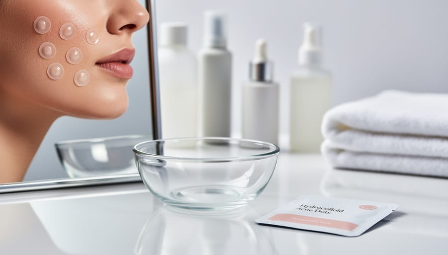 Hydrocolloid acne patches placed on a person’s cheek in a clean vanity setting with patch packaging nearby, suggesting targeted spot treatment.