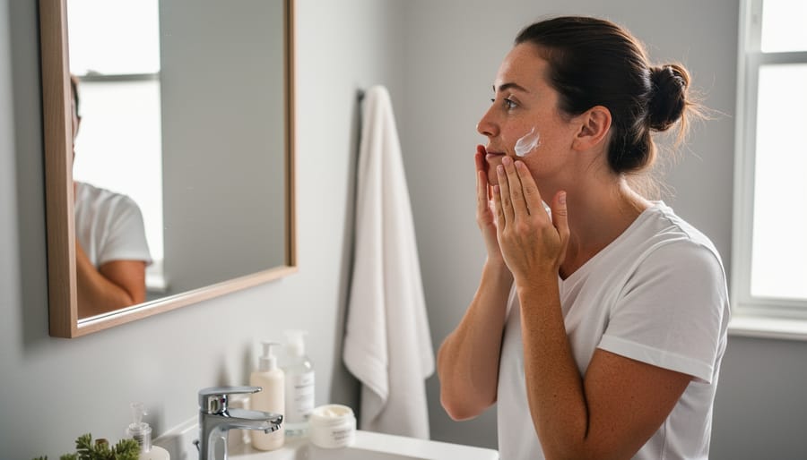 Person applying moisturizer to their cheek in a softly lit bathroom