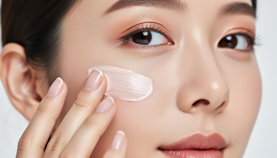 Close-up of hands applying primer to a model’s cheek for a smooth base