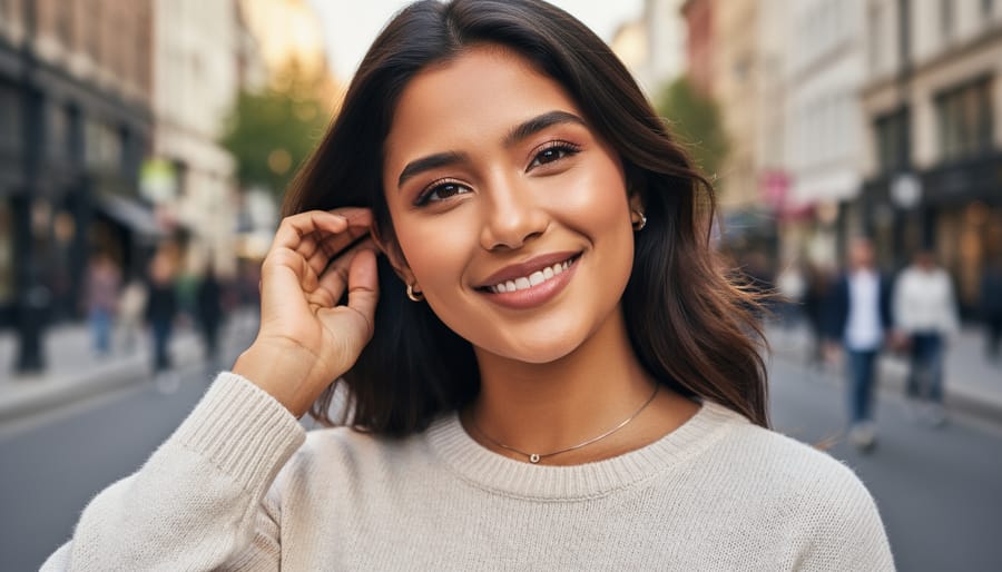 Model outdoors in natural window light showing a smooth makeup finish