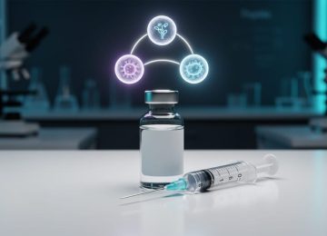 Peptide vial and syringe on a clean lab bench with a subtle three-part glow suggesting triple-action metabolic weight loss research.