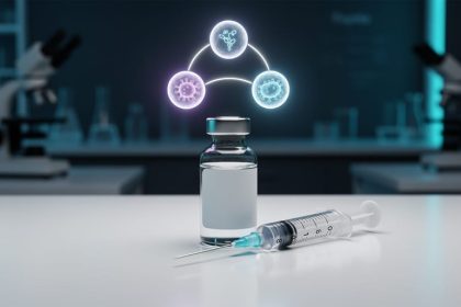 Peptide vial and syringe on a clean lab bench with a subtle three-part glow suggesting triple-action metabolic weight loss research.