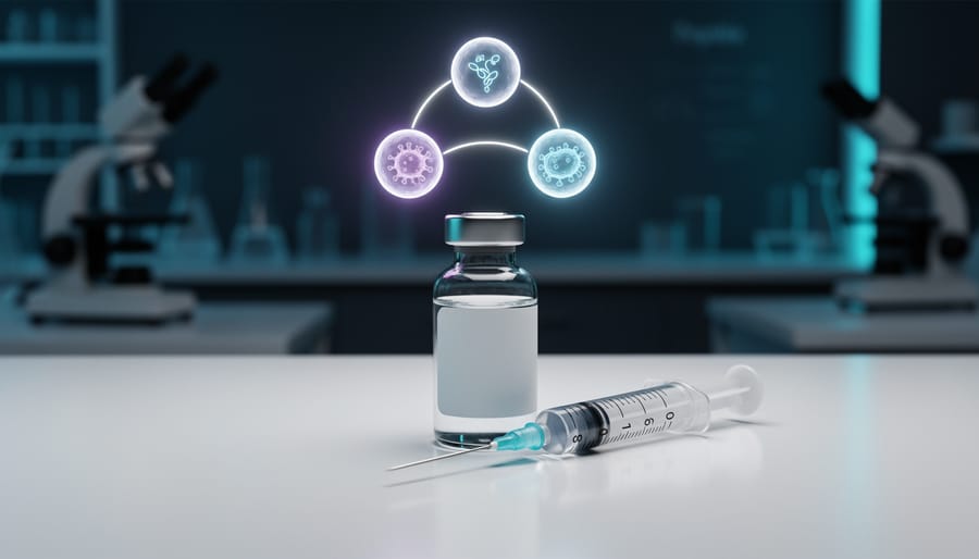 Peptide vial and syringe on a clean lab bench with a subtle three-part glow suggesting triple-action metabolic weight loss research.