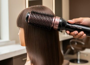 Revlon One-Step hair dryer and styler shown creating a smooth, voluminous blowout on shoulder-length hair in a bright vanity setting