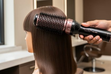 Revlon One-Step hair dryer and styler shown creating a smooth, voluminous blowout on shoulder-length hair in a bright vanity setting