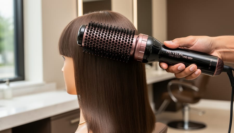 Revlon One-Step hair dryer and styler shown creating a smooth, voluminous blowout on shoulder-length hair in a bright vanity setting