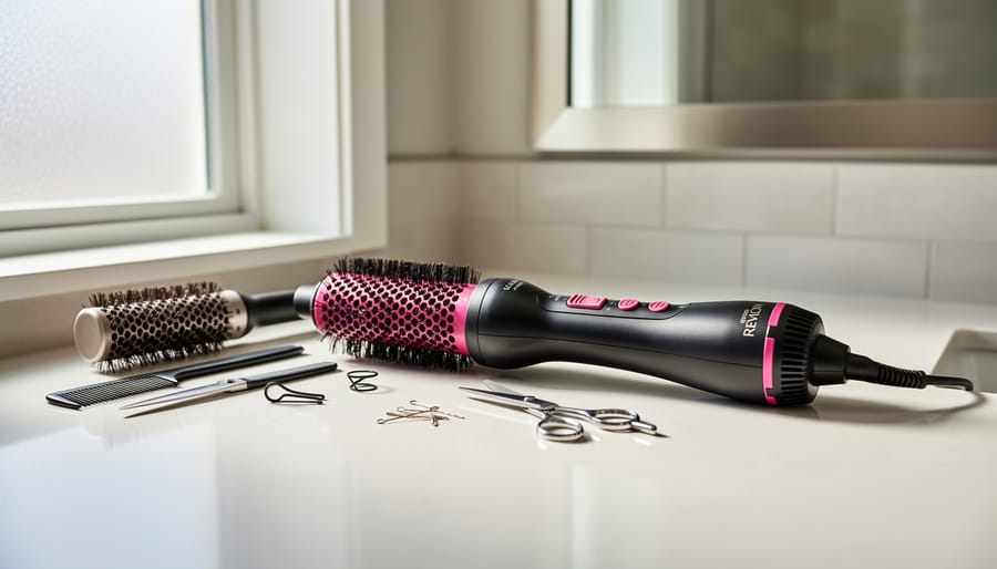 Revlon one-step hair dryer and styler on a bathroom counter with a comb and hair clips