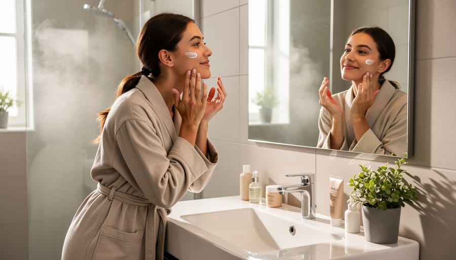Person applying a lightweight skincare product to their cheek at a bathroom vanity with soft window light