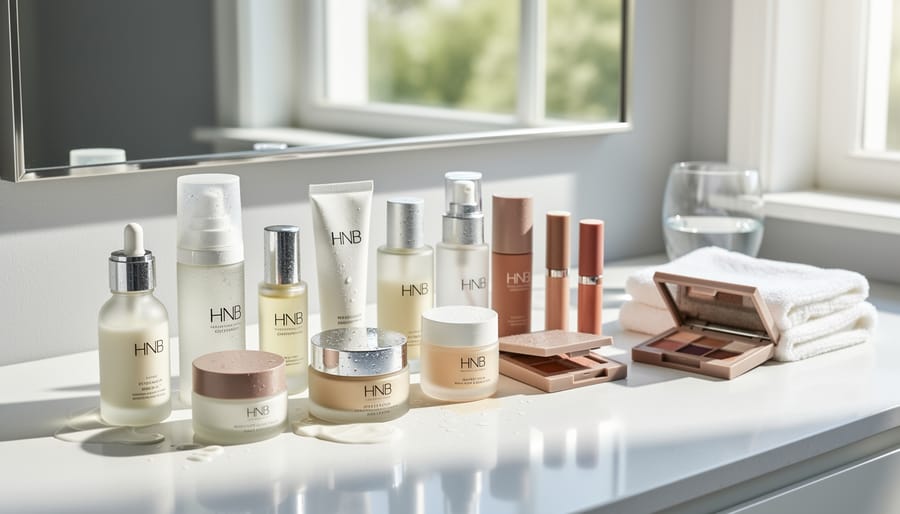 Skincare serum bottle and clean makeup tools arranged on a pale marble vanity in soft daylight