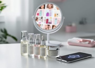 Skincare bottles and a smartphone on a bathroom vanity with a mirror reflection hinting at social media skincare photos, styled as a clean modern routine scene.