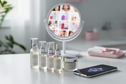 Skincare bottles and a smartphone on a bathroom vanity with a mirror reflection hinting at social media skincare photos, styled as a clean modern routine scene.