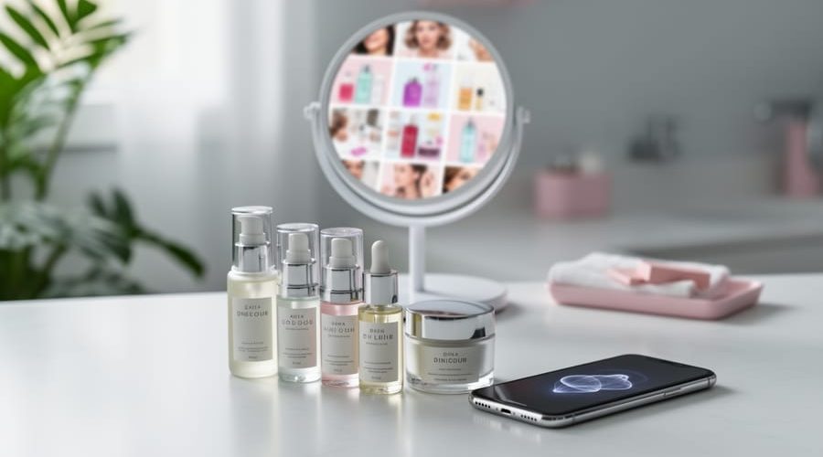 Skincare bottles and a smartphone on a bathroom vanity with a mirror reflection hinting at social media skincare photos, styled as a clean modern routine scene.