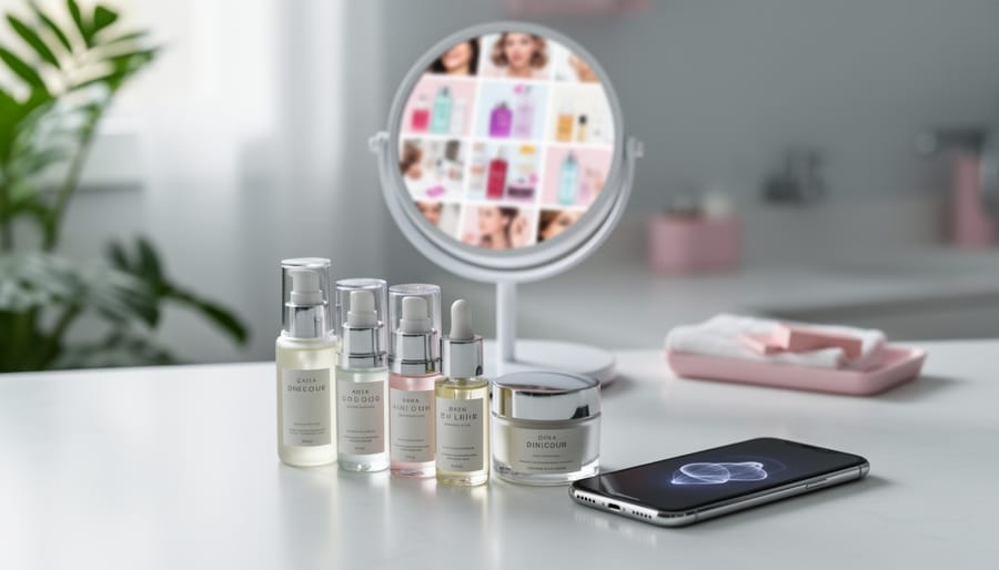 Skincare bottles and a smartphone on a bathroom vanity with a mirror reflection hinting at social media skincare photos, styled as a clean modern routine scene.