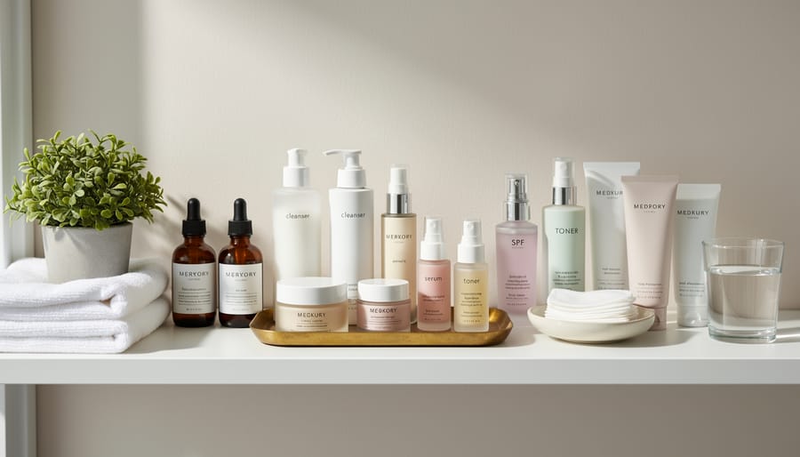 Skincare products arranged neatly on a bathroom vanity counter in soft daylight