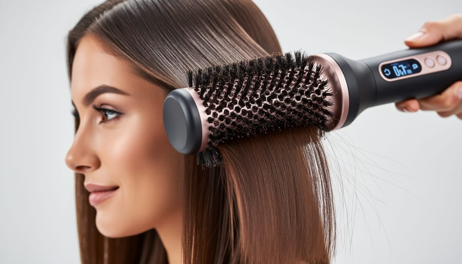 Close-up of model’s styled hair showing smooth texture and shine, photographed at a slight angle from above.