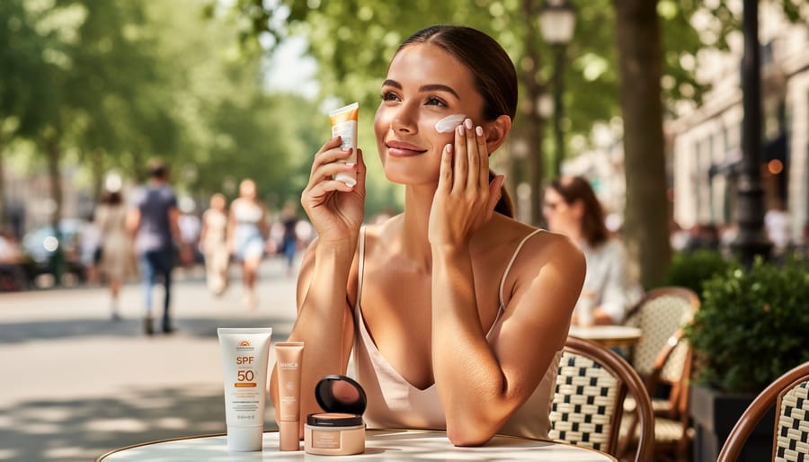 Sunscreen bottle and makeup brush on a sunny patio table with water mist and sunglasses in view.