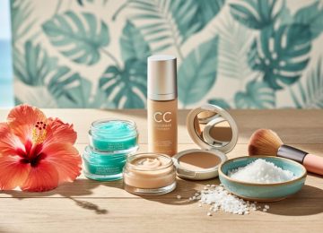 Island-inspired vanity with hibiscus flower, skincare jars, sea-salt dish, and tinted moisturizer and foundation containers on sunlit wood.