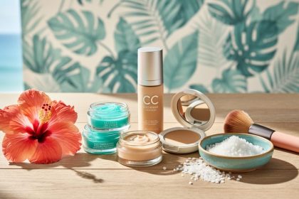 Island-inspired vanity with hibiscus flower, skincare jars, sea-salt dish, and tinted moisturizer and foundation containers on sunlit wood.