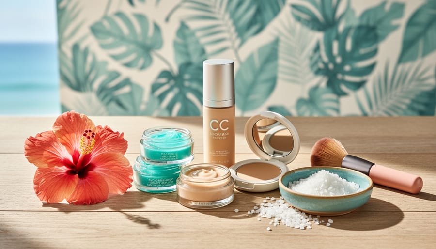 Island-inspired vanity with hibiscus flower, skincare jars, sea-salt dish, and tinted moisturizer and foundation containers on sunlit wood.