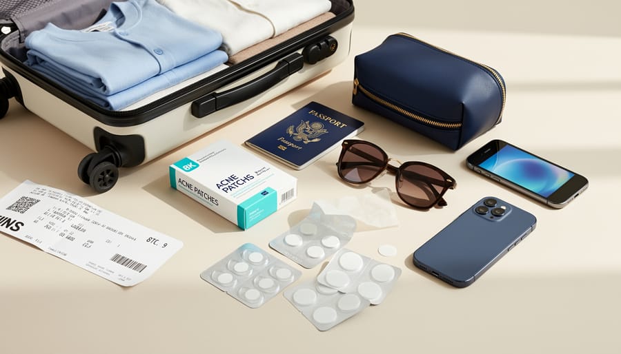 Travel toiletry bag and acne patch products arranged on a marble countertop near a magnifying mirror
