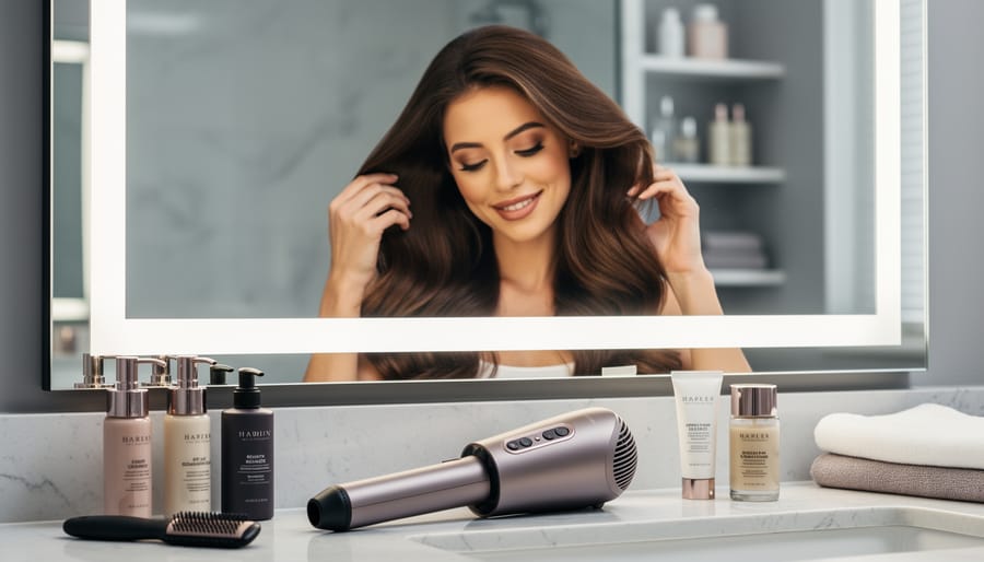 Person styling hair at a bathroom vanity using a one-step hair dryer and styler