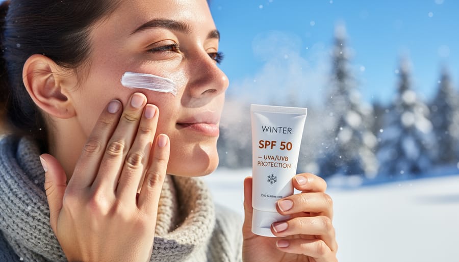 Person applying sunscreen to their face outdoors in winter with snow and trees softly blurred in the background.