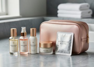 A curated travel skincare kit featuring skincare bottles, a moisturizer jar, and a sheet mask arranged on a bathroom countertop.