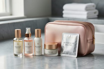 A curated travel skincare kit featuring skincare bottles, a moisturizer jar, and a sheet mask arranged on a bathroom countertop.