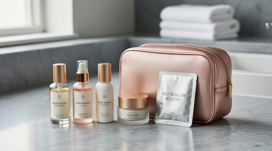 A curated travel skincare kit featuring skincare bottles, a moisturizer jar, and a sheet mask arranged on a bathroom countertop.