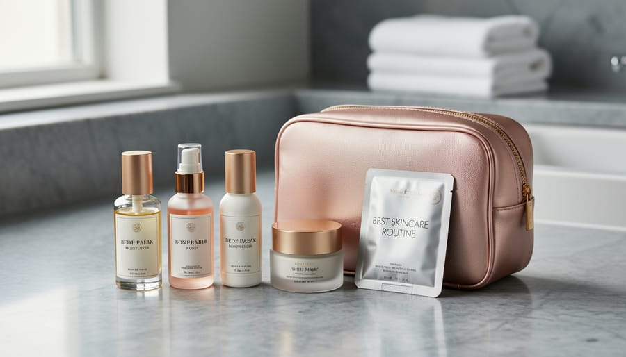 A curated travel skincare kit featuring skincare bottles, a moisturizer jar, and a sheet mask arranged on a bathroom countertop.