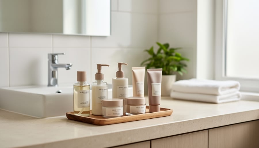 Neatly arranged skincare items on a clean bathroom countertop with hands placing products