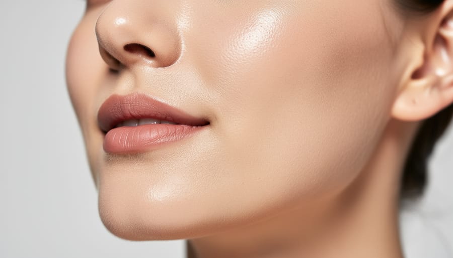 Close-up of dewy, hydrated-looking skin glow on a cheek under soft studio lighting.