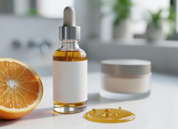 Close-up of a glass serum dropper with golden vitamin C serum next to citrus fruit on a clean vanity background.