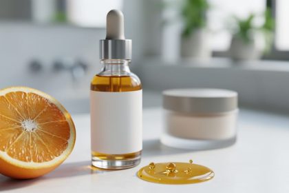 Close-up of a glass serum dropper with golden vitamin C serum next to citrus fruit on a clean vanity background.