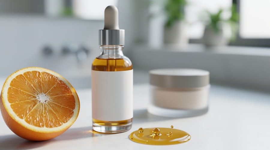 Close-up of a glass serum dropper with golden vitamin C serum next to citrus fruit on a clean vanity background.